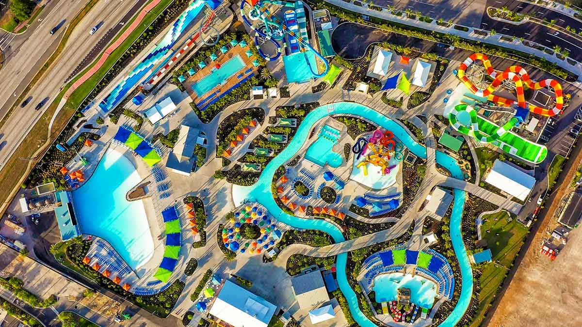 an aerial view of the amusement park